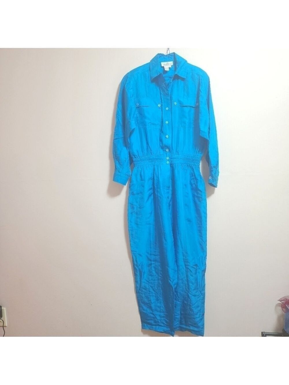 Vintage 80s 100% silk long sleeves jumpsuit color turquoise size small